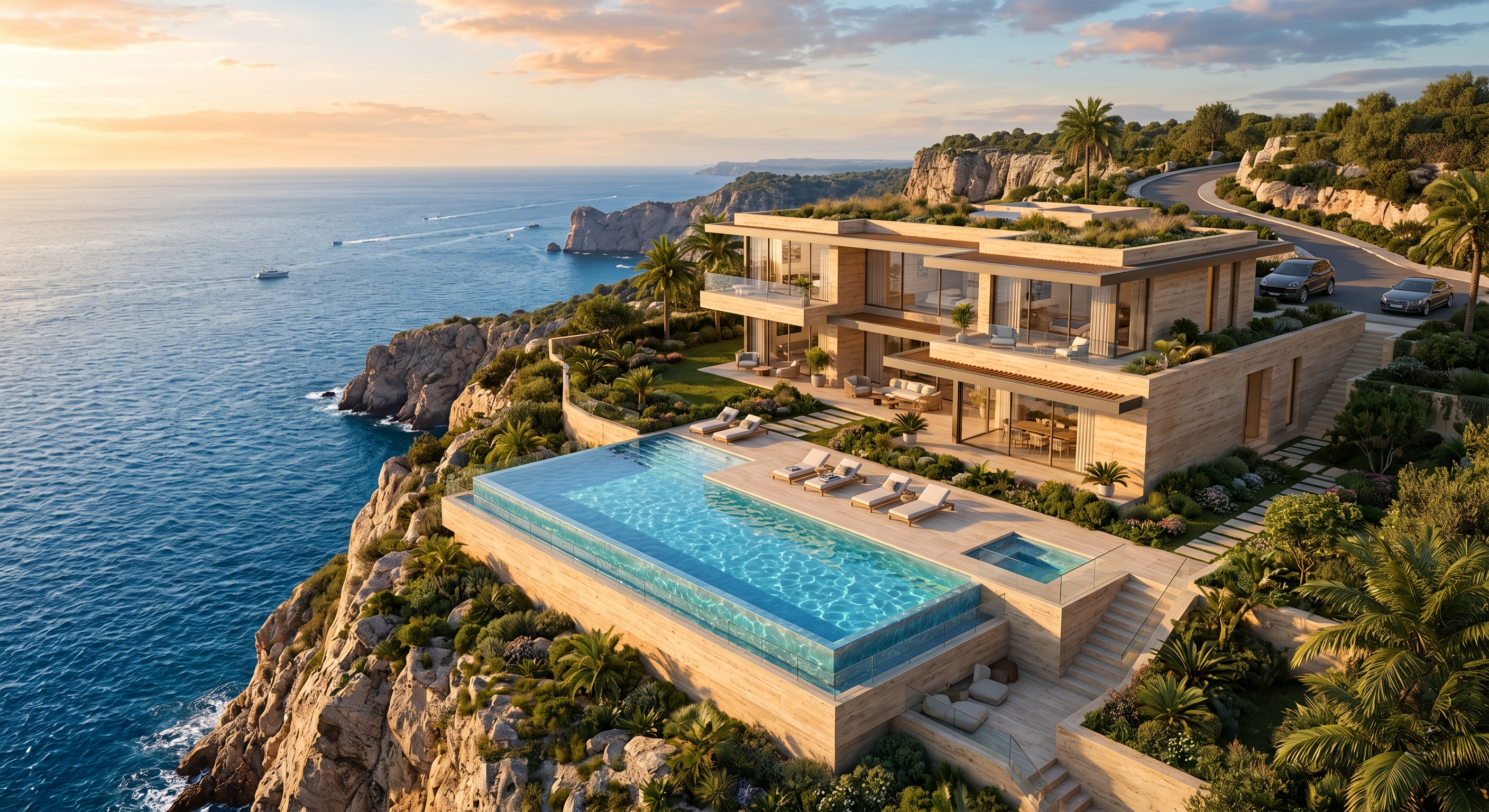 Example image for the prompt: Aerial luxury villa render