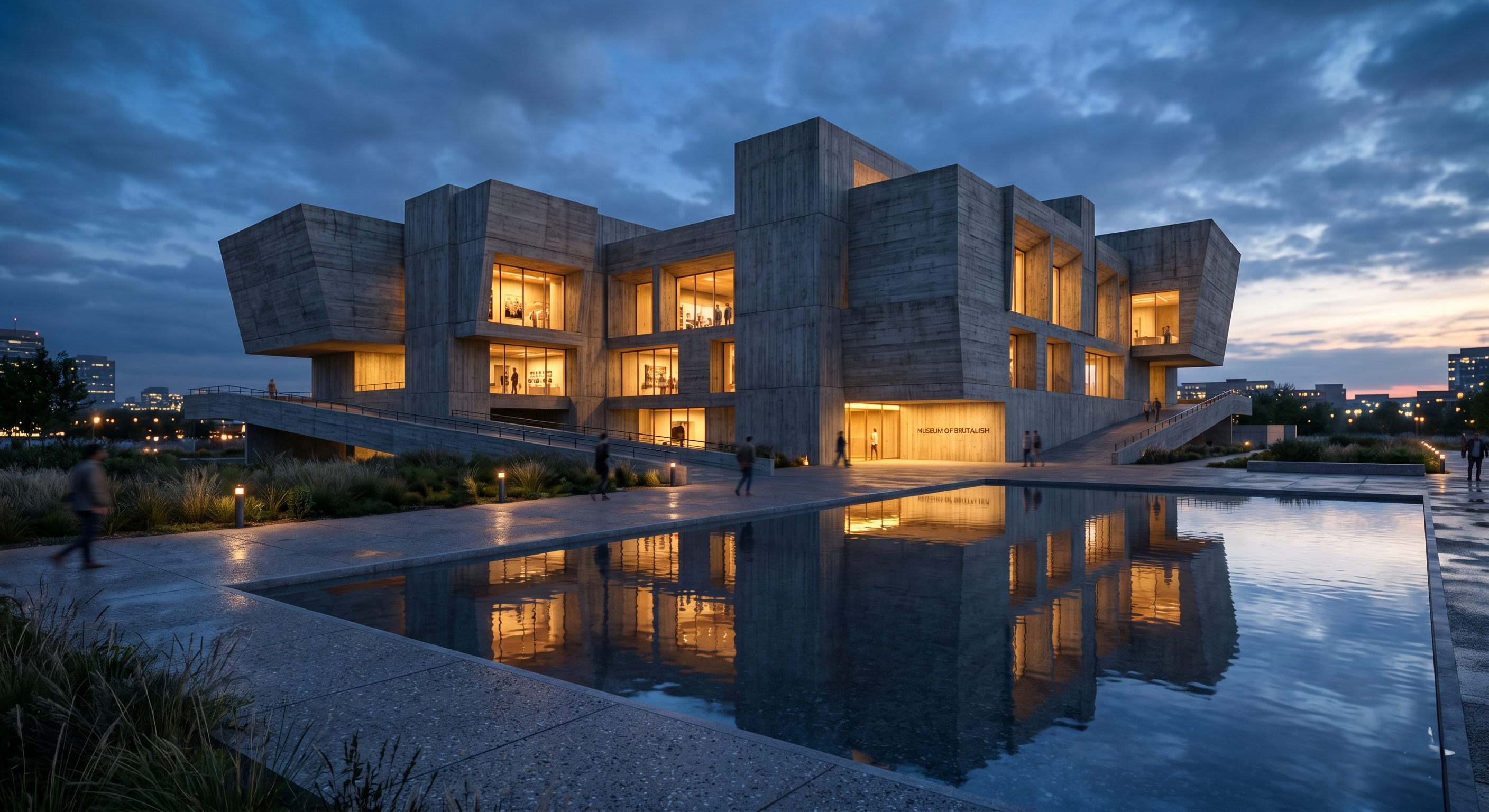 Example image for the prompt: Brutalist facade at dusk