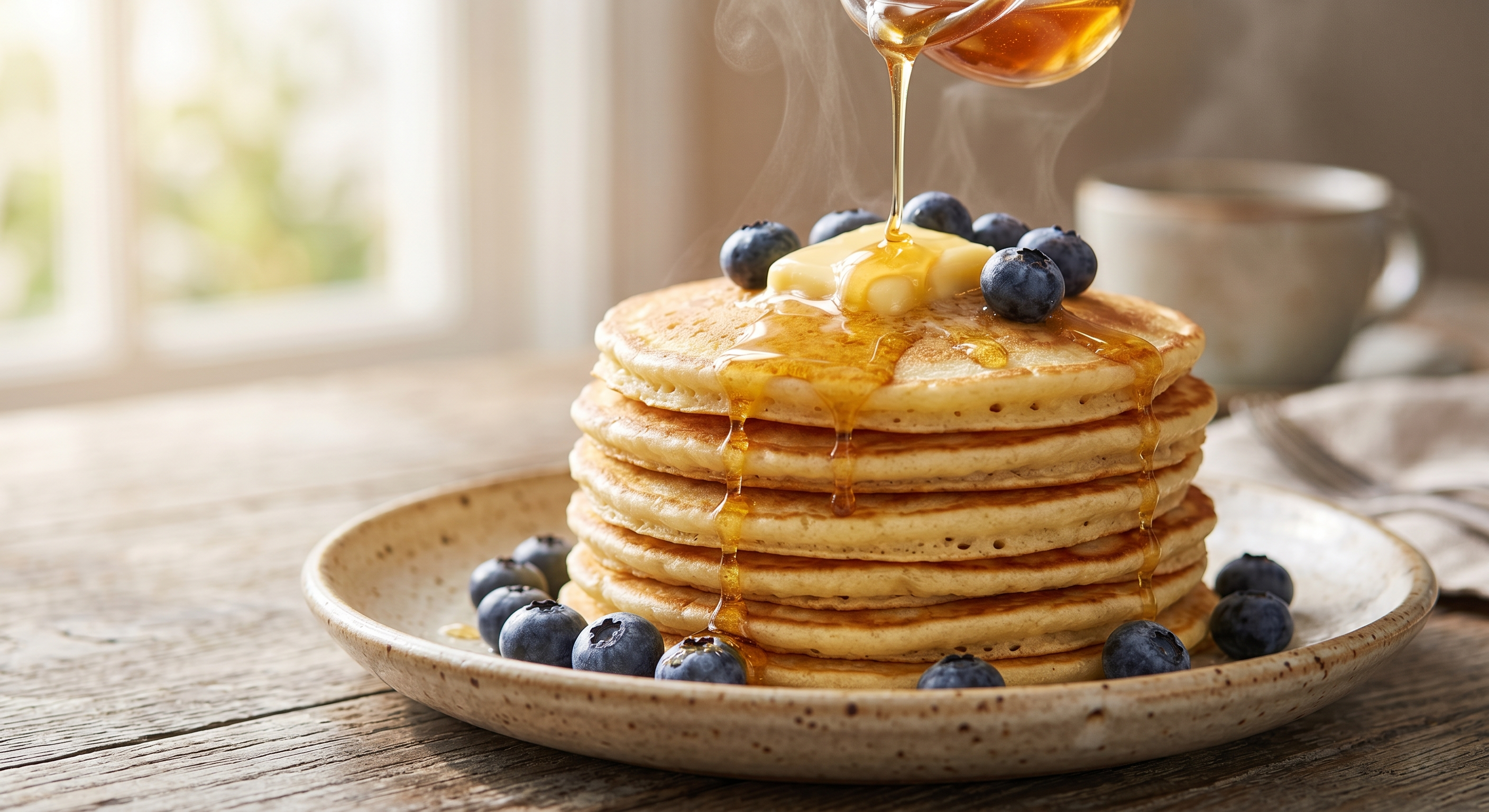 Example image for the prompt: Honey-drizzled pancake stack