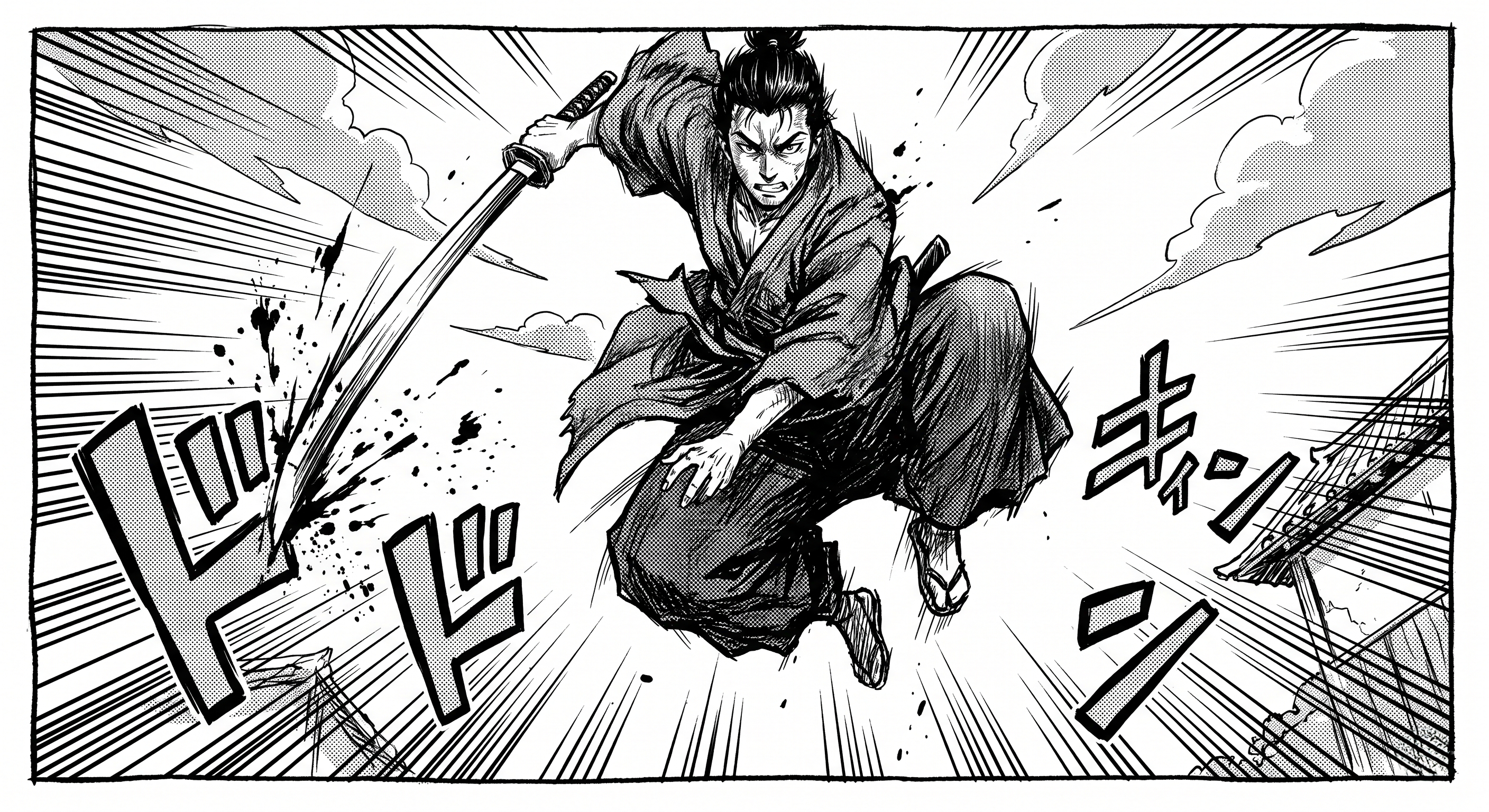 Example image for the prompt: Black-and-white manga panel
