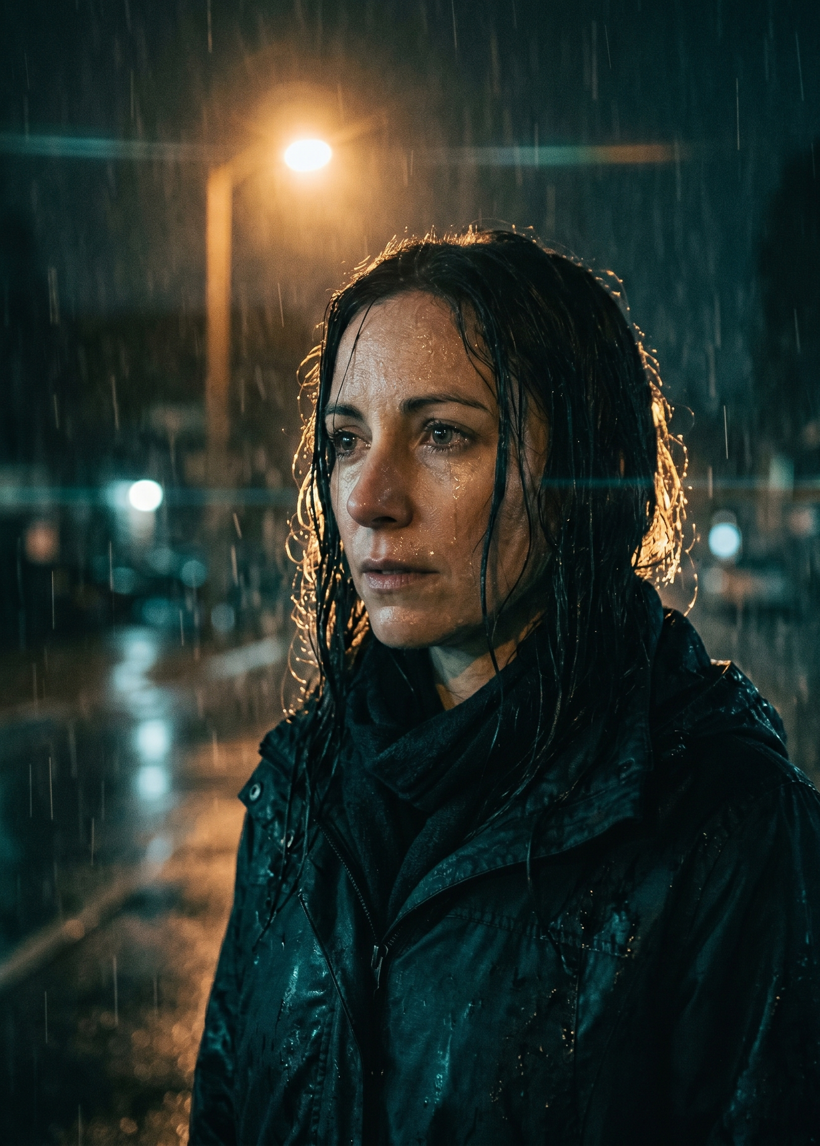 Example image for the prompt: Rim-lit portrait in rain
